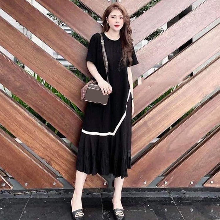 Đầm công sở, váy suông thanh lịch đuôi cá dập li kẻ trắng chất cotton co dãn dạo phố xinh xắn