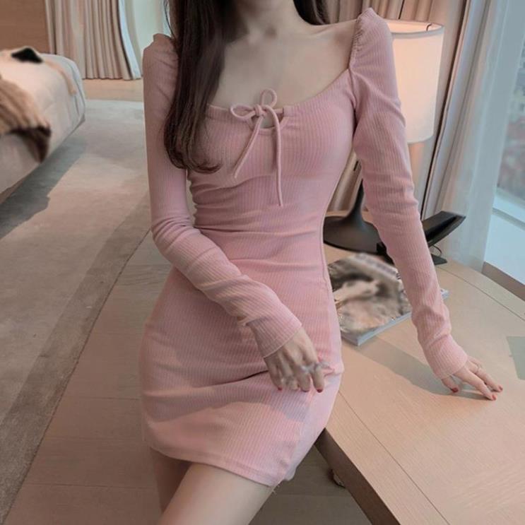 Đầm Tay Dài Cổ Vuông Dáng Ôm Body - Đầm Thời Trang Quyến Rũ Chất Thun Gân