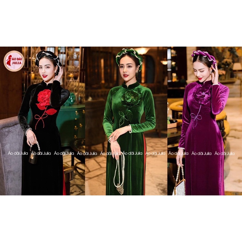 ÁO DÀI TRUNG NIÊN NHUNG KẾT HOA THỦ CÔNG CAO CẤP ÁO DÀI BÀ VÀ MẸ