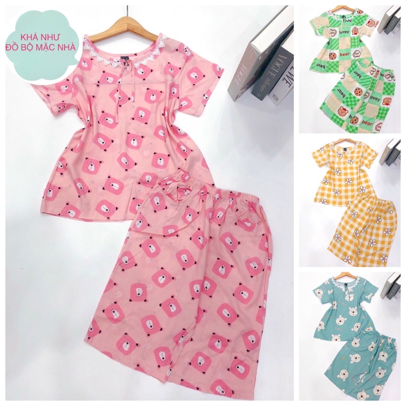 Bộ tole nữ 45-70 ký Quần lửng áo cổ tròn phối ren cột dây nơ