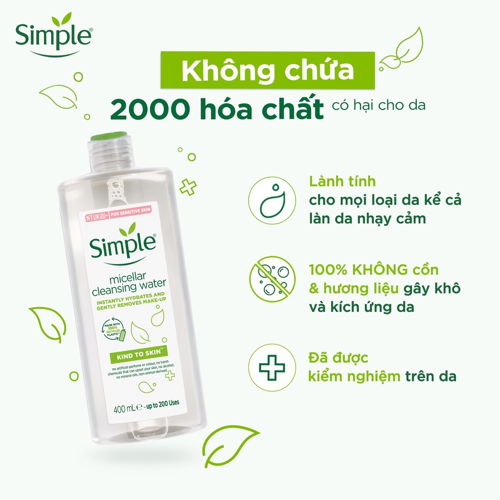 Nước tẩy trang Simple Simple Kind To Skin Micellar Water sạch sâu dịu nhẹ 200ml