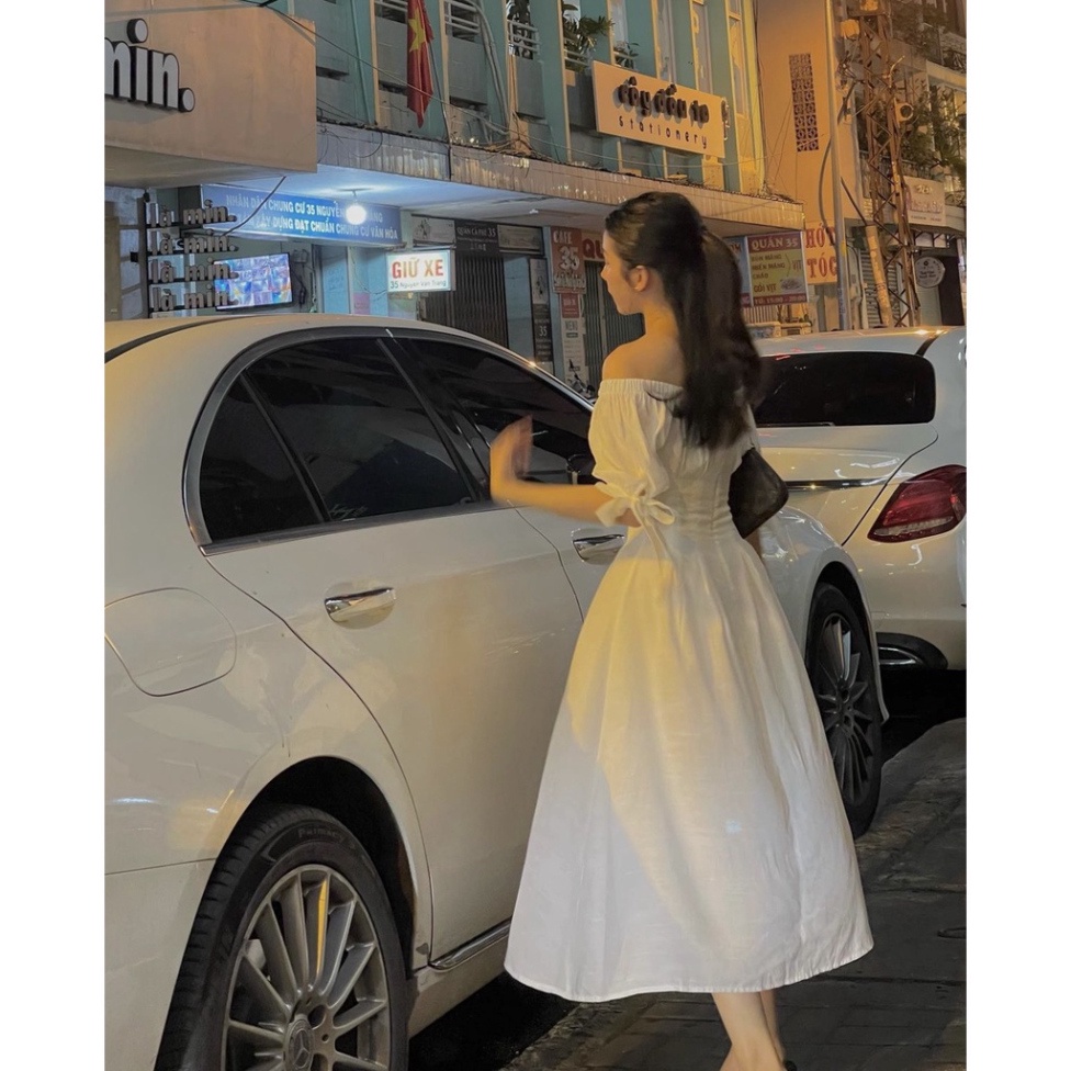 (Fom: <55kg)Đầm Midi Trễ Vai Tay Nơ Đẹp, Quá Sang Luôn, Mặc Đi Chơi Hay Tiệc Đều Form Đầm Sang Tôn Nhẹ Lên Dáng Như Tiểu | BigBuy360 - bigbuy360.vn