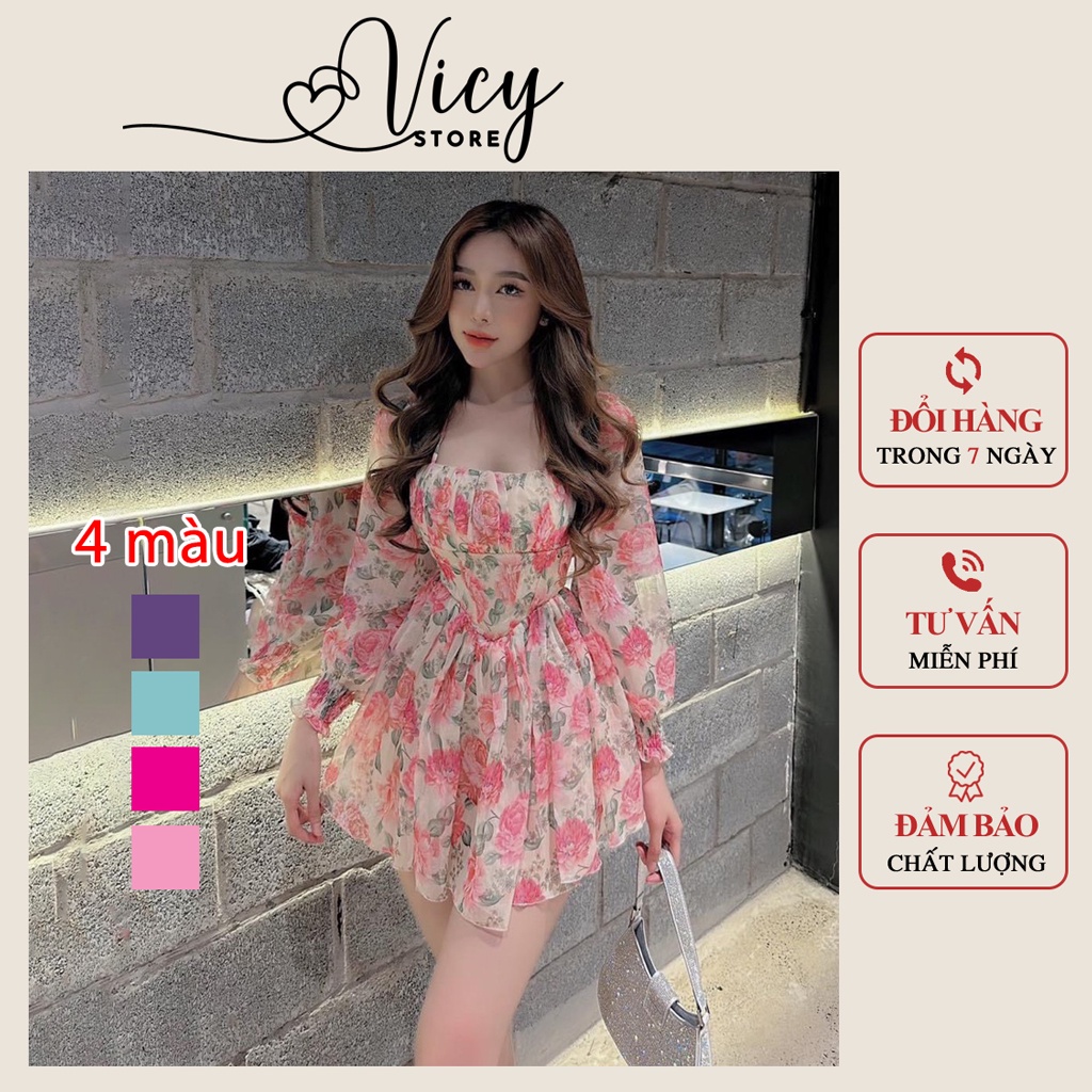 Váy hoa tơ cúp ngực xòe tay dài dáng ngắn, đầm nữ dây yếm trễ vai đi chơi dự tiệc gợi cảm ngọt ngào Vicy HTDYE02