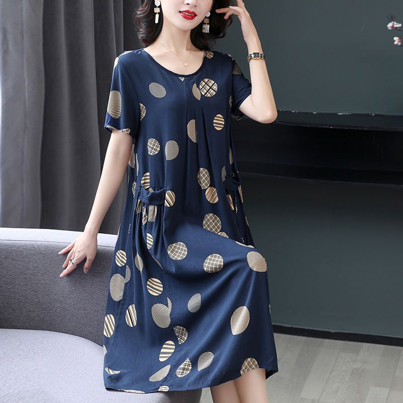 ☽Đầm mùa hè của mẹ cotton lụa cỡ lớn che bụng tay ngắn trung niên và người già béo phụ nữ hoa phong cách phương Tây váy