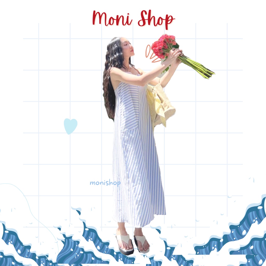 Váy maxi 2 dây hở lưng xanh dương kẻ sọc dáng dài, váy đi biển