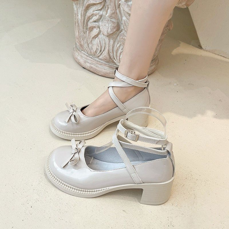 Giày cao gót giày đơn gót thô kiểu pháp giày da mũi tròn