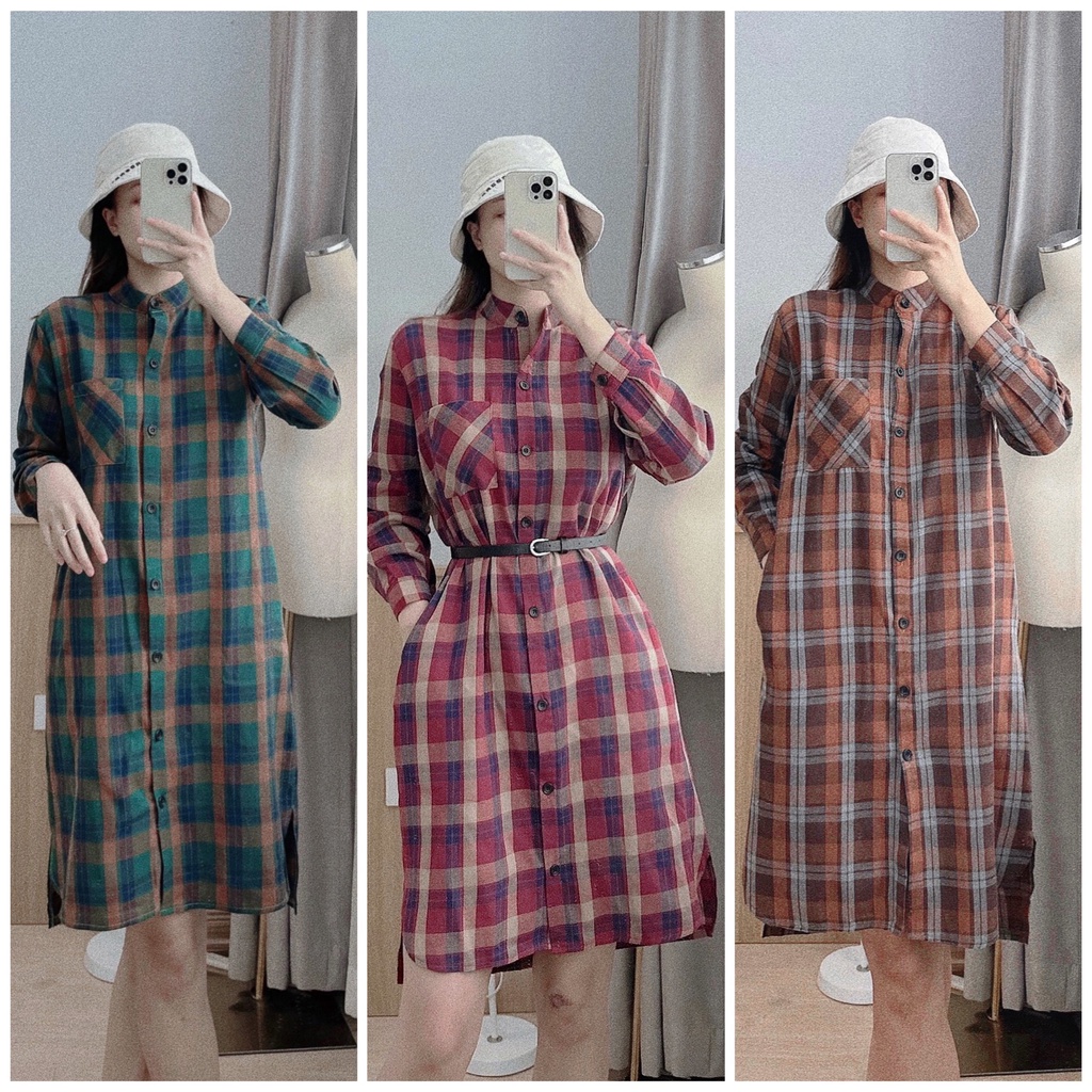 Váy sơmi cổ tàu dáng dài xẻ vạt ,đầm kẻ thô lien mềm đẹp mát mẻ nịnh da-Minxy shop