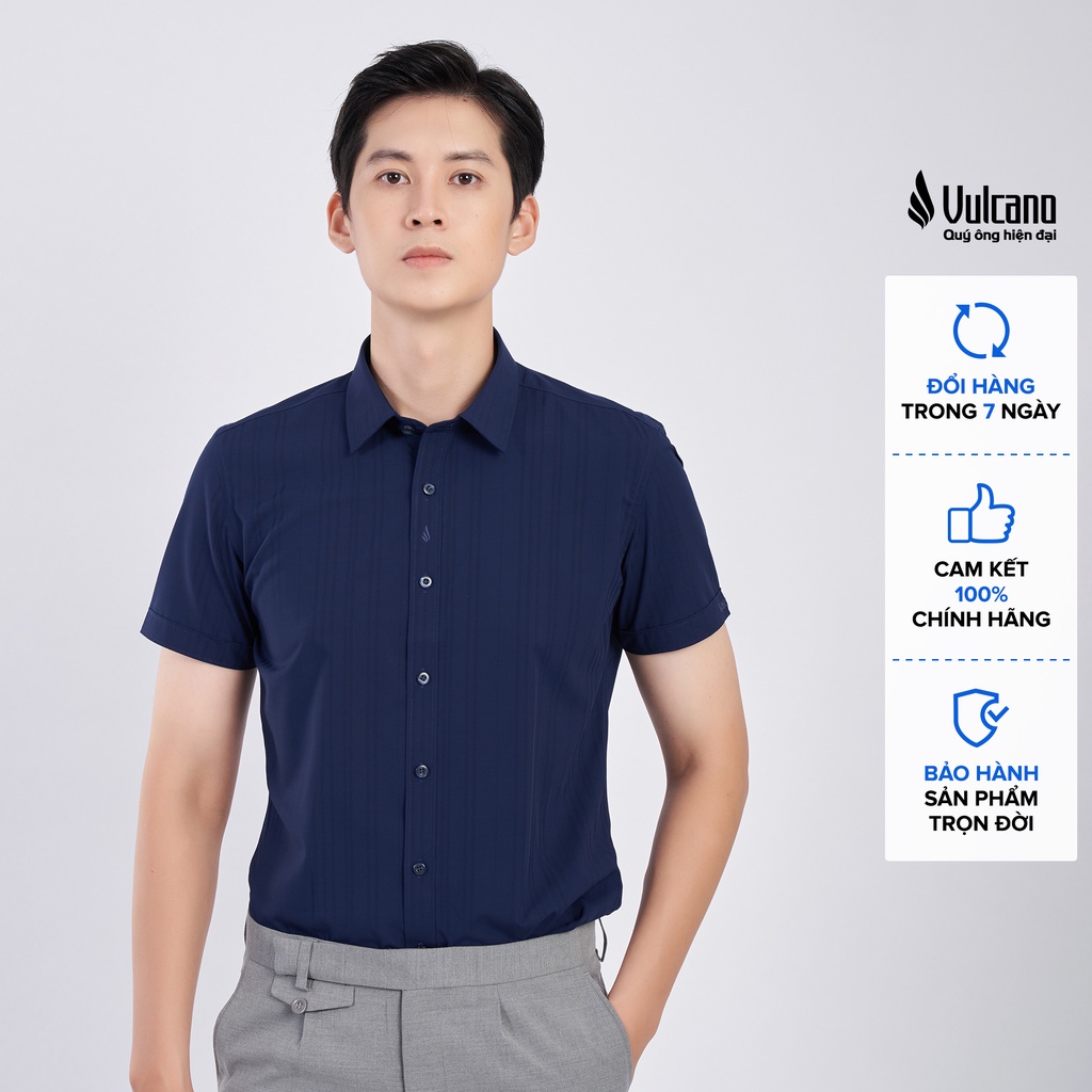Áo sơ mi nam ngắn tay vải sợi tre cao cấp 2052 màu xanh tím than phối kẻ chìm - Vulcano