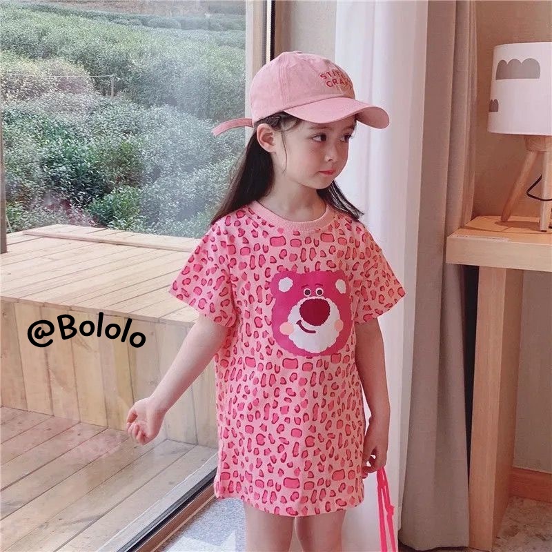 Bololo Bộ Áo Thun Tay Ngắn In Hoạt Hình Báo Hồng + Chân Váy Thời Trang Cho Bé Gái