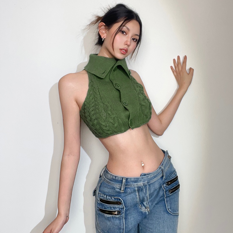 Weird Puss Áo Dệt Kim Sát Nách Cổ Cao Dáng Ôm Màu Trắng / Xanh Lá Phong Cách retro Đường Phố Cho Nữ