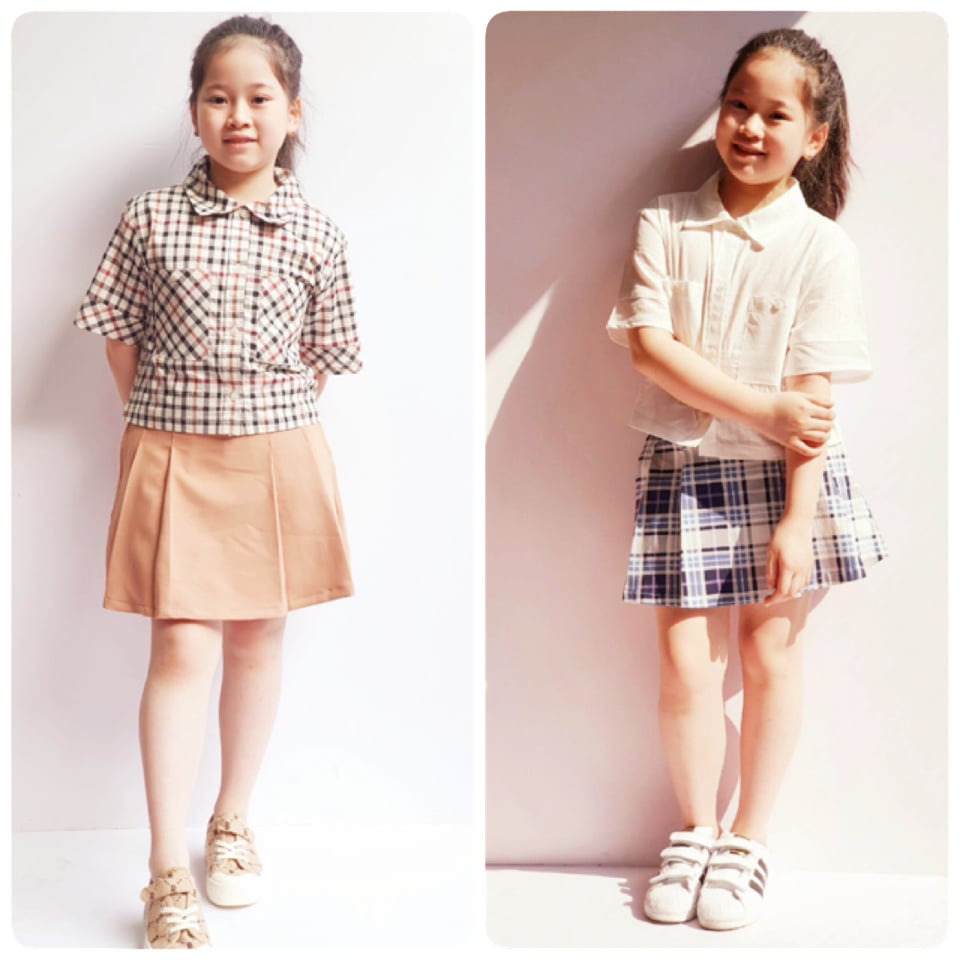 Áo sơ mi thô croptop Bee Mon 2 màu kẻ / trắng size 120 - 160