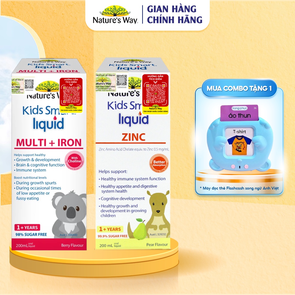 Combo 2 Siro Uống Nature's Way Kids Smart Liquid Zinc Và Liquid Multi+Iron Hỗ Trợ Nâng Cao Sức Đề Kháng Cho Trẻ 200m/lọ