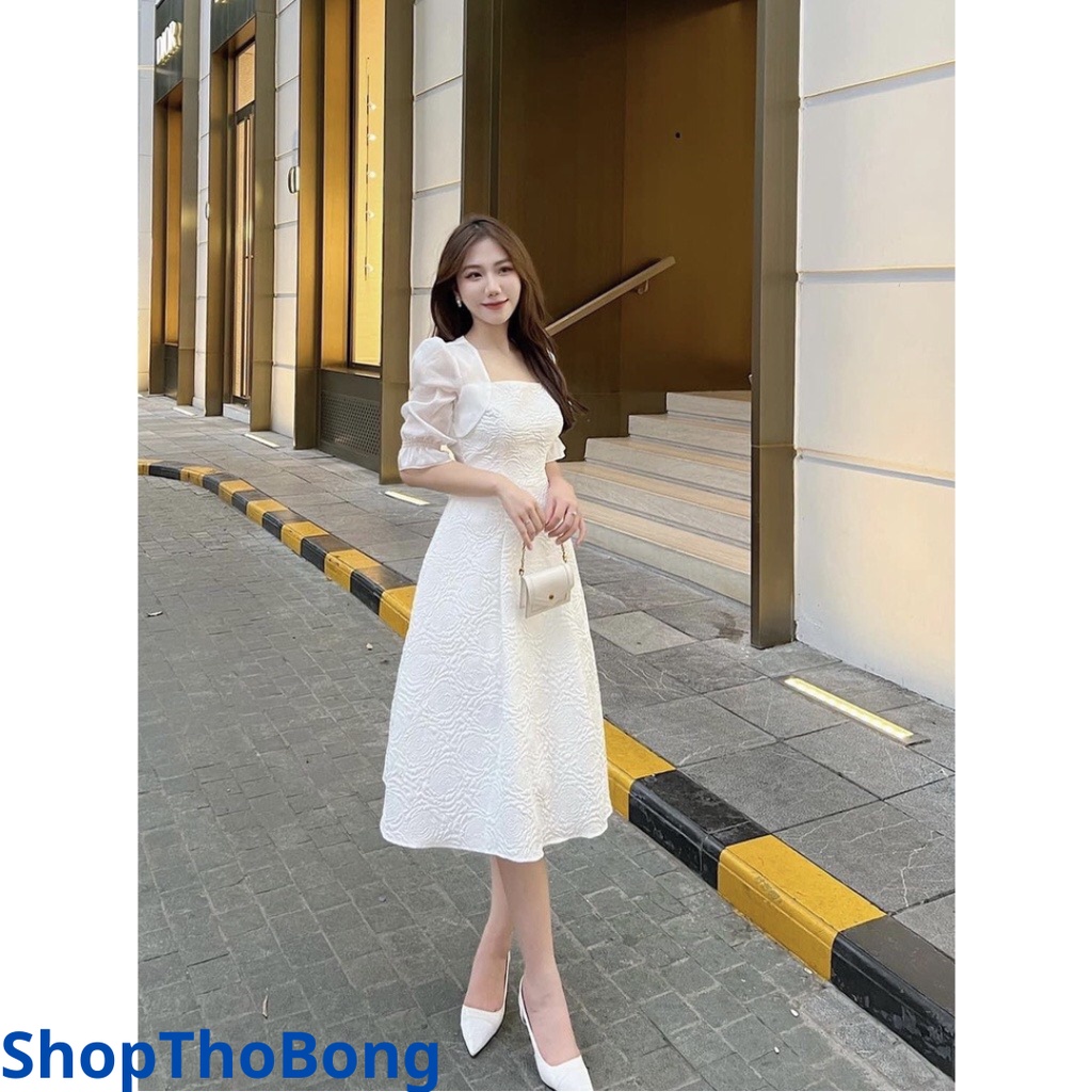 Váy Trắng Công Chúa Hàng QCCC Chất Liệu Gấm Hoa Nổi Cao Cấp.