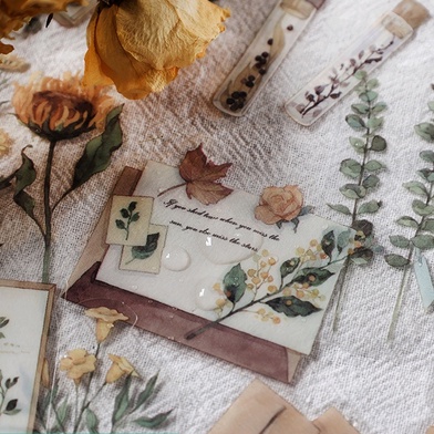 Sticker PET họa tiết hoa lá, nhãn dán vintage chất liệu nhựa trong