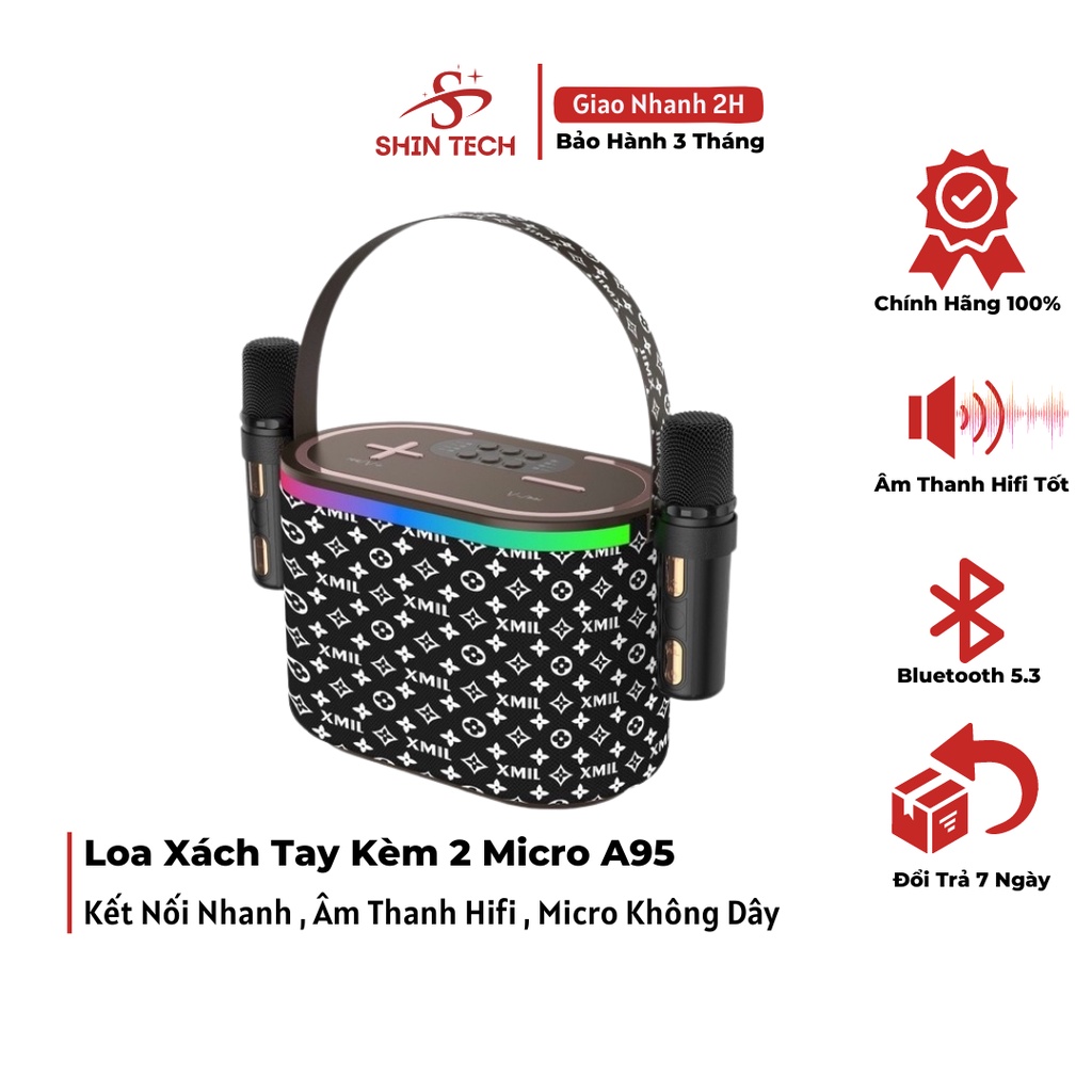 Loa Karaoke Bluetooth A95 Kèm 2 Micro Không Dây, Âm Thanh Siêu Hay, Thiết Kế Sang Trọng Nhỏ Gọn Tiện Lợi-SHINTECH