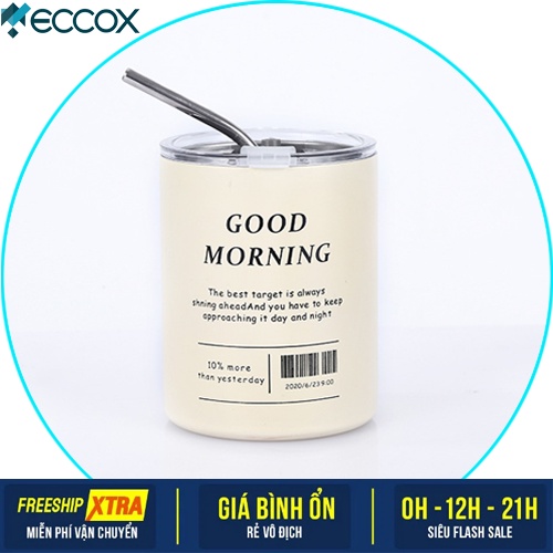 Bình giữ nhiệt good morning, ly giữ nhiệt Inox 2 lớp cao cấp kèm ống hút - Hàng Nội Địa Trung Quốc