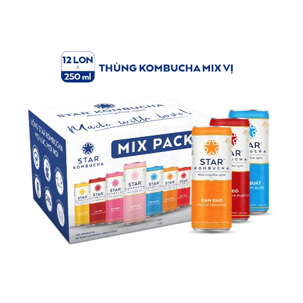 Thùng 12 lon trà lên men Star kombucha mix vị