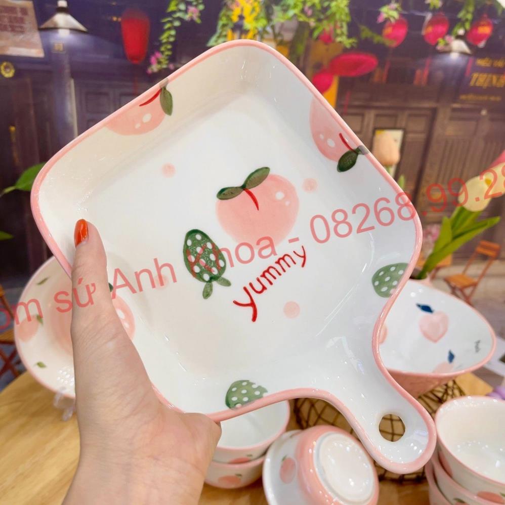 Siêu Sale - Bát Đĩa Gốm Sứ Decor, Bát Ăn Cơm, Bát Ăn Chè, Chén Dĩa Dễ Thương Bộ Đào Hồng 14 Món Xinh Yêu Cho Gia Đình