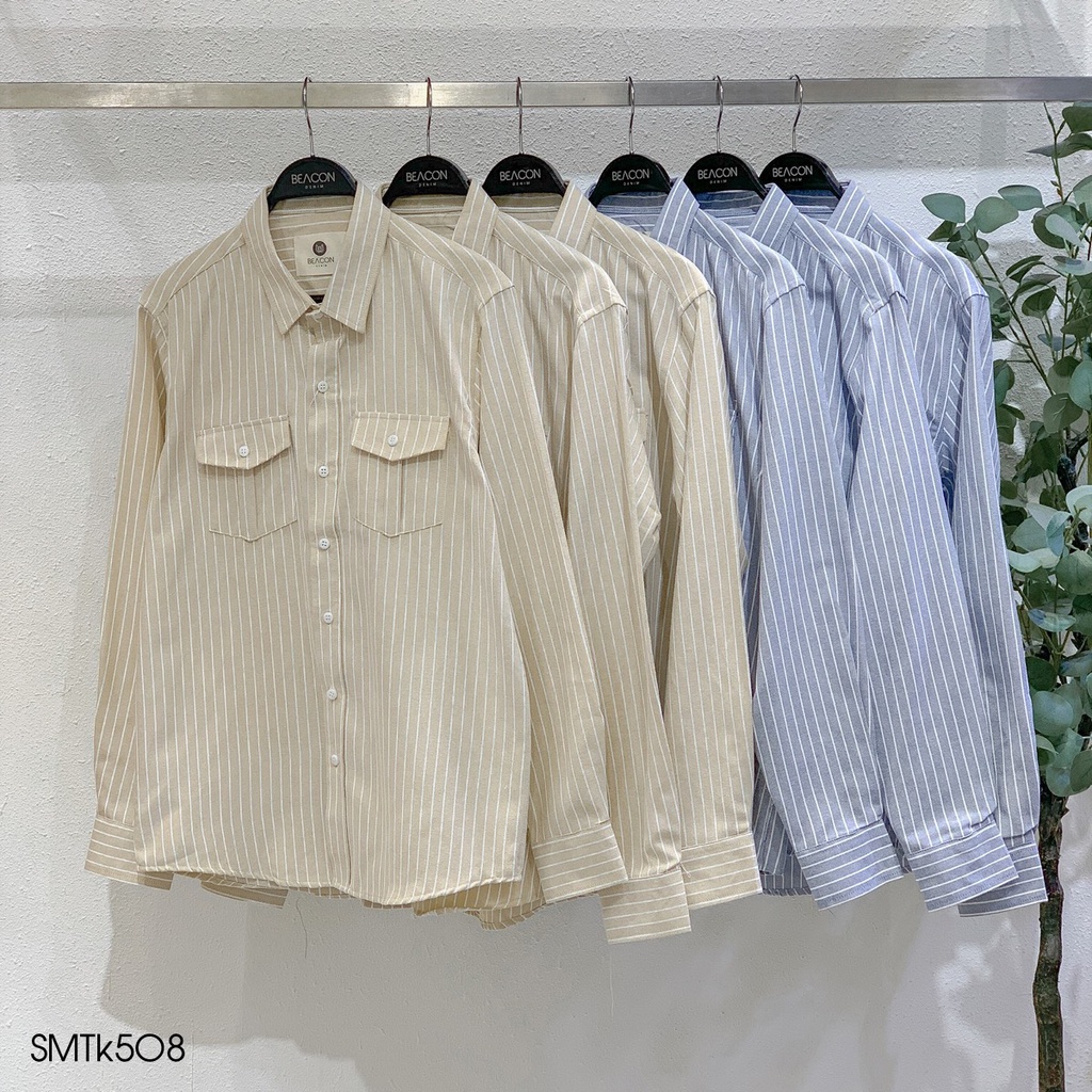 Áo Sơ Mi Thiết Kế BEACON DENIM Mẫu Sọc Chất Cotton Khô 2 Màu Basic Mã SMTK508 Hai Túi Hộp Thanh Lịch