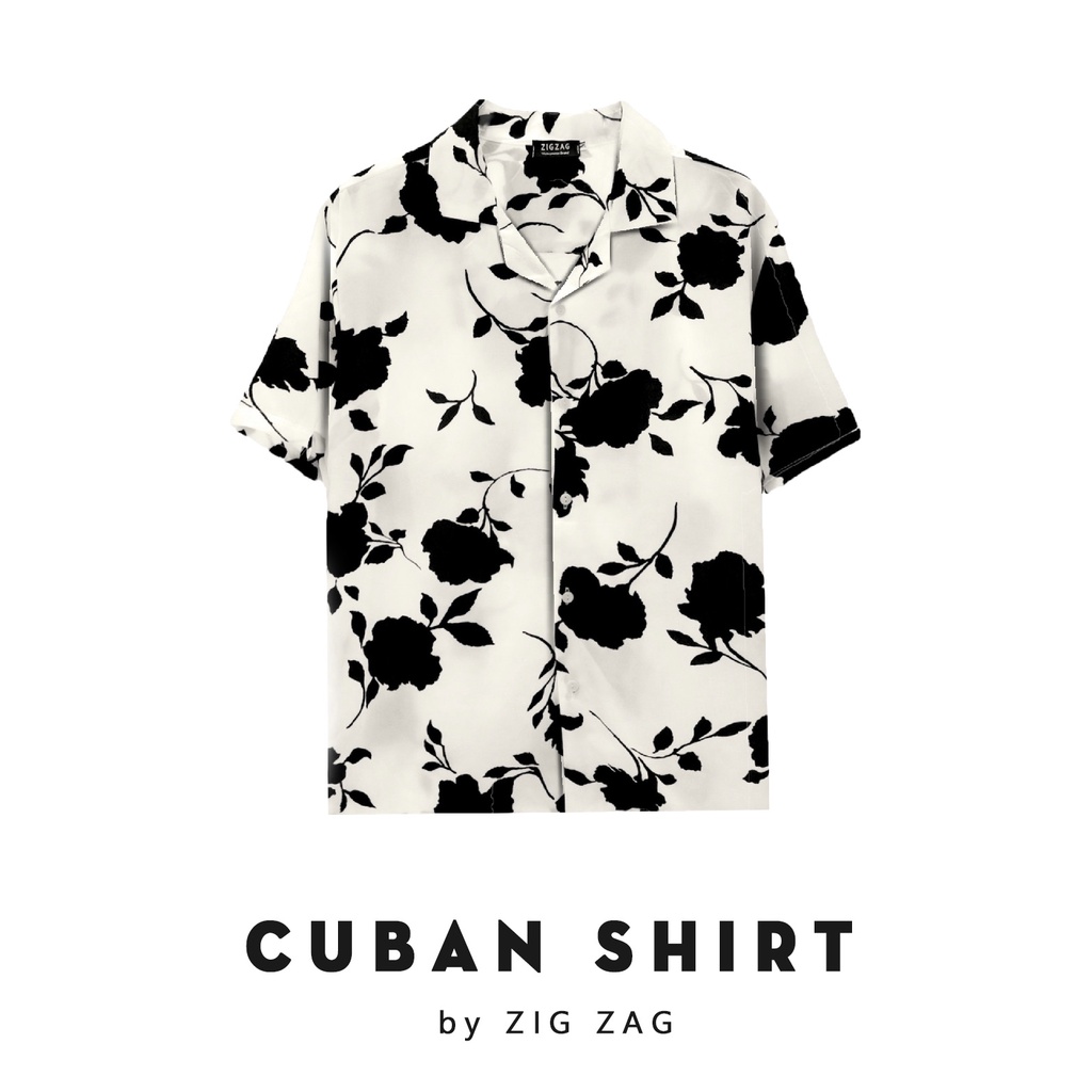 Áo sơ mi nam Cuban Shirt by ZIG ZAG, vải lụa thoáng mát, không nhăn, form regular | Sơ Mi họa tiết hoa hồng BLACK ROSE