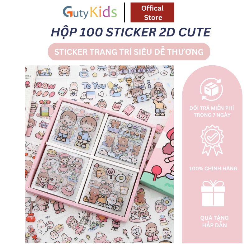 Hộp 100 tấm sticker GUTY KIDS  hoạt hình dễ thương cute trang trí laptop, điện thoại, mũ bảo hiểm, dán tập vở, bình nước