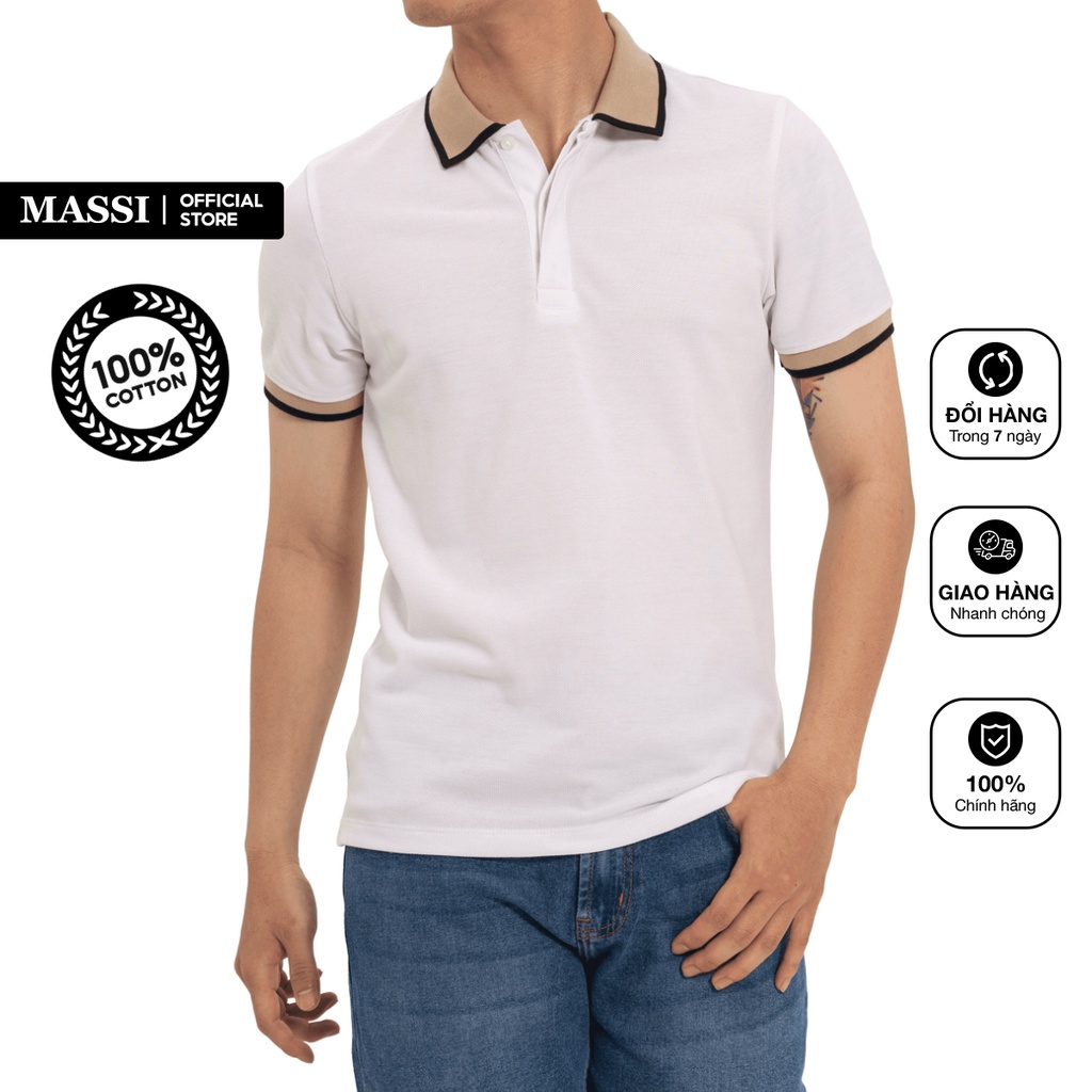 Áo Polo nam Massi 32 màu trắng cổ bẻ phối be vạch đen viền tay, chất liệu vải co giãn
