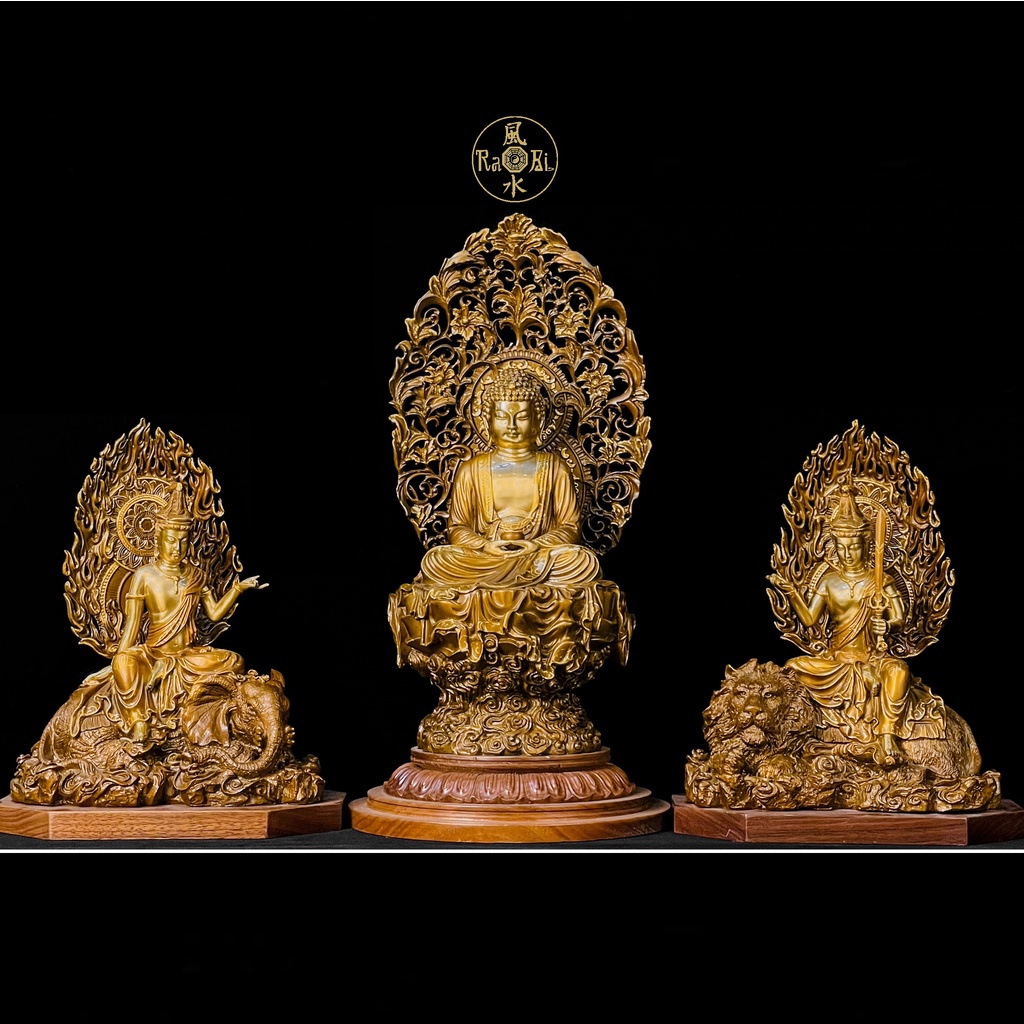Hoa Nghiêm Tam Thánh - Đức Phật Bổn Sư + Văn Thù Phổ Hiền Bồ Tát - Tượng Đồng Thờ Cúng Cao Cấp