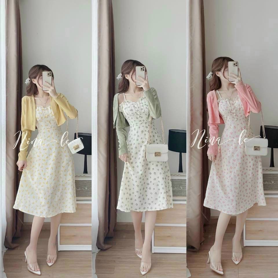 Set đầm váy xòe hoa nhí xếp ly ngực phối áo khoác gân tay dài cùng các tone màu nhẹ nhàng, dễ thương