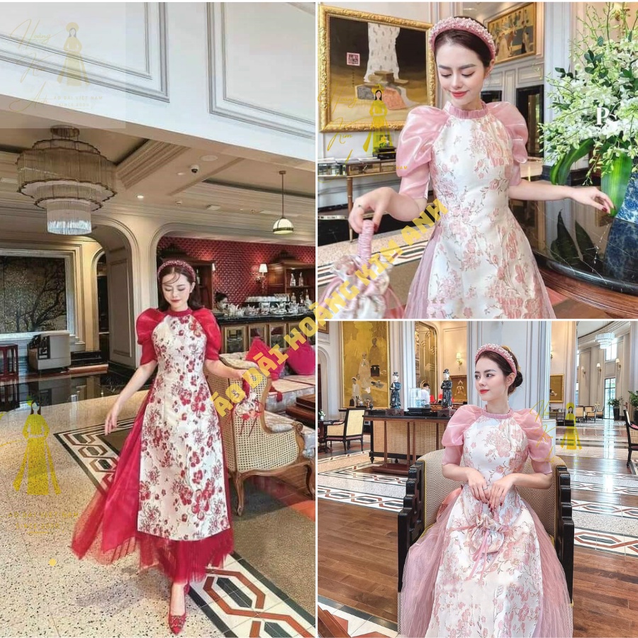 ÁO DÀI CÁCH TÂN THIẾT KẾ KIỂU MỚI TRUYỀN THỒNG TAY PHỒNG CỔ BÈO HOA NHÍ DÁNG ĐẦM KÈM CHÂN VÁY XẾP LY SANG CHẢNH ĐỎ, HỒNG