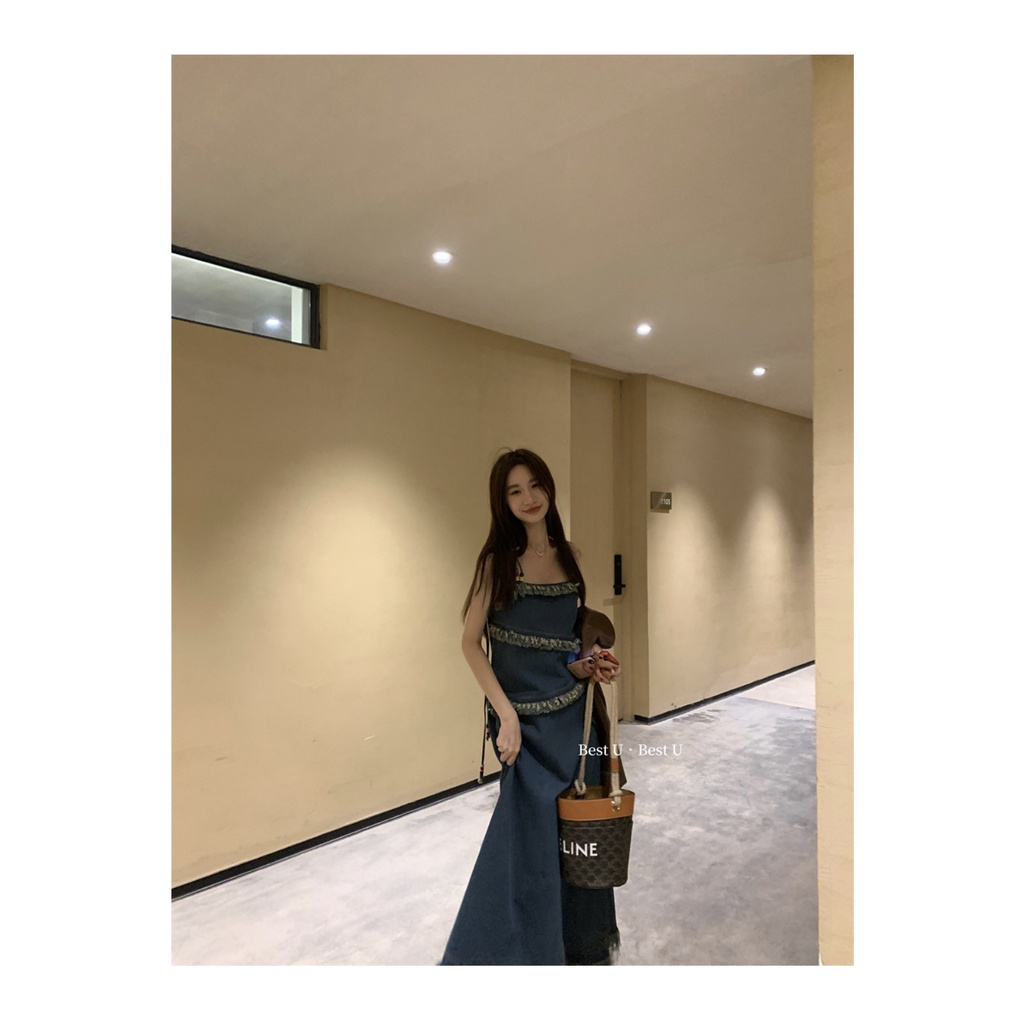 Đầm Denim Hai Dây Dáng Dài Phối Hạt Và Tua Rua Phong Cách Cổ Điển Thời Trang Mùa Thu Mới 2022 Dành Cho Bạn