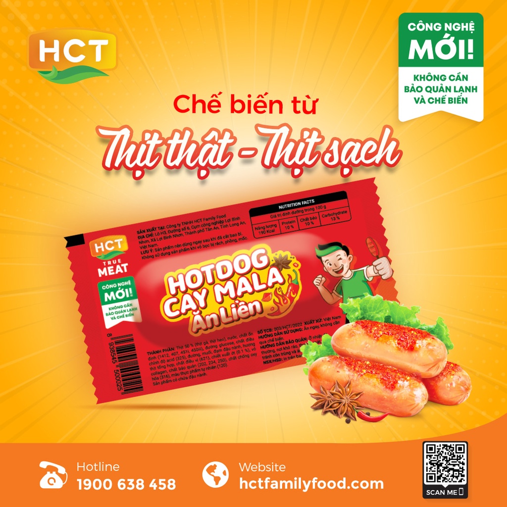 Hộp 20 cây xúc Xích Hotdog cay Mala ăn liền HCT True Meat 28gx20