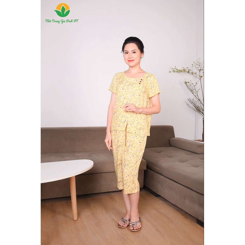 Bộ mặc nhà trung niên nữ xuân hè Việt Thắng quần lửng áo lửng chất Lanh B06.2218