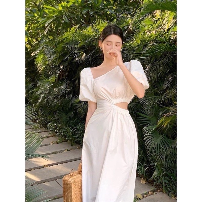 (có bigsize) ĐẦM MIDI LỆCH VAI BO CHUN EO phù hợp đi chơi dạo phố, đi biển(linhngashop........)