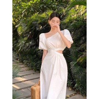 (có bigsize) ĐẦM MIDI LỆCH VAI BO CHUN EO phù hợp đi chơi dạo phố, đi biển(linhngashop........)