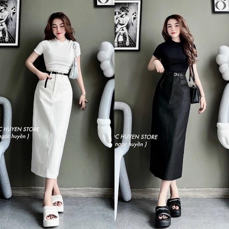 Set áo ôm cổ tròn mix chân váy kaki dáng dài kèm đai xinh xắn
