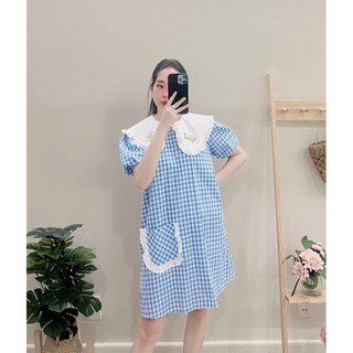 Đầm caro babydoll cổ sen