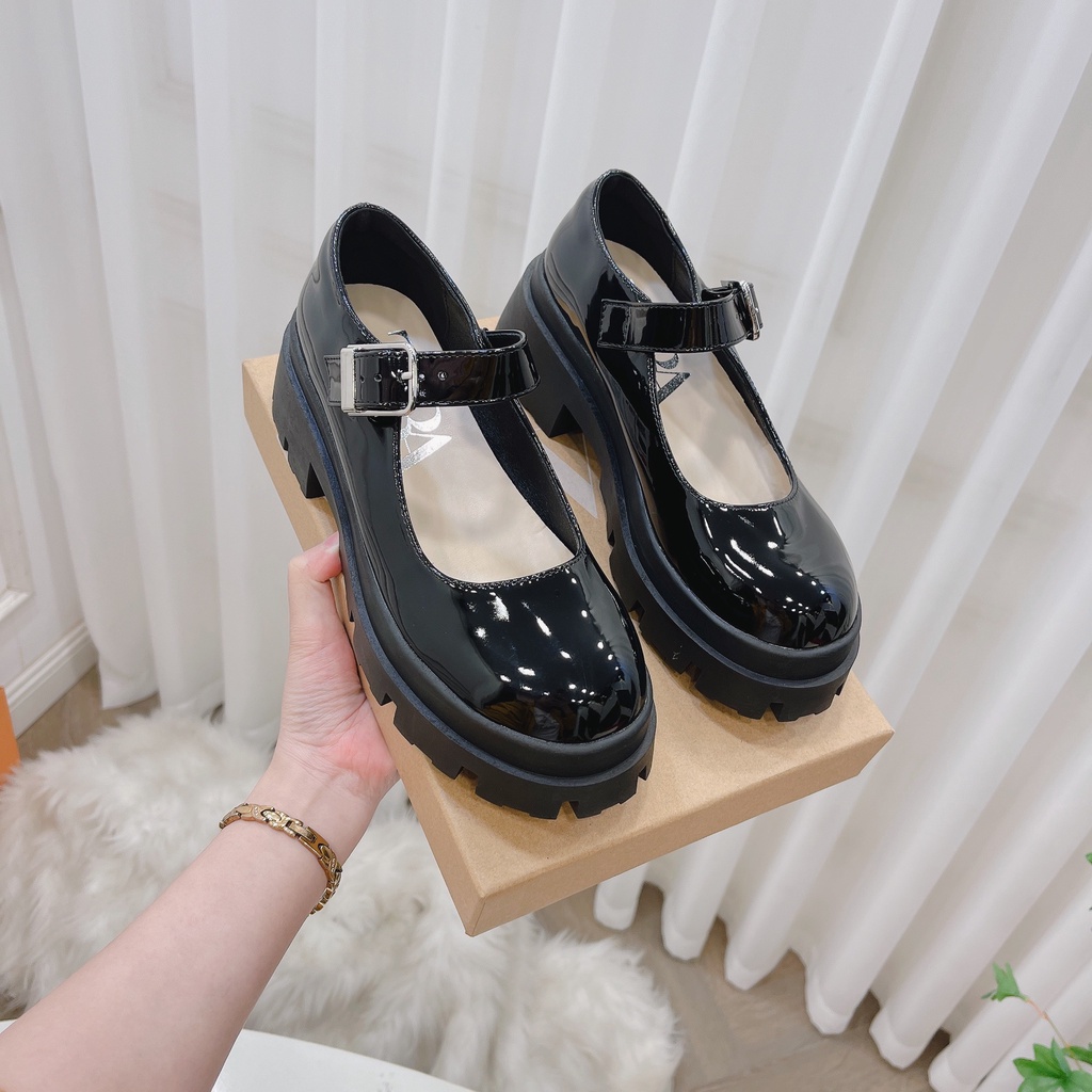 Giầy đế đốc dáng búp bê quai ngang da bóng đế 5cm