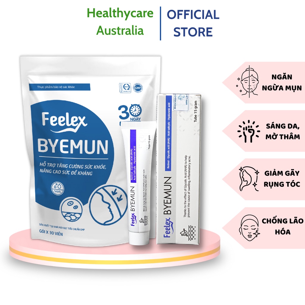 Bộ sản phẩm gel bôi mụn Feelex Byemun và viên uống Feelex Byemun giảm mụn mờ thâm tăng cường sức đề kháng