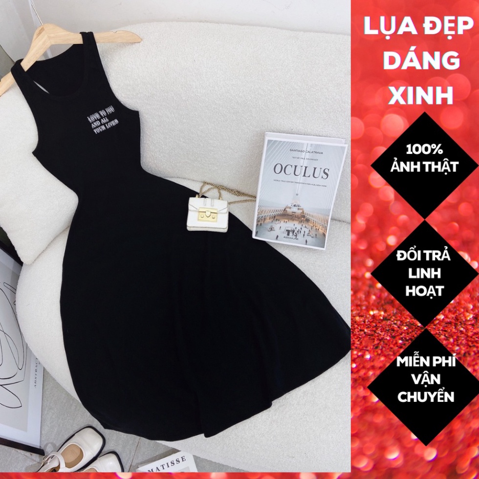 (Fom: <55kg) Đầm Đen Sát Nách In Chữ Đầm Công Chúa,, Váy Công Chúa, Đầm Tiểu Thư JL54