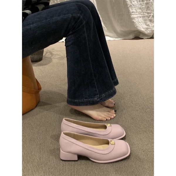Giầy búp bê mũi vuông gót vuông 3 phân khuy cài hoa trà xinh xắn nhẹ nhàng kiểu dáng Hàn Quốc