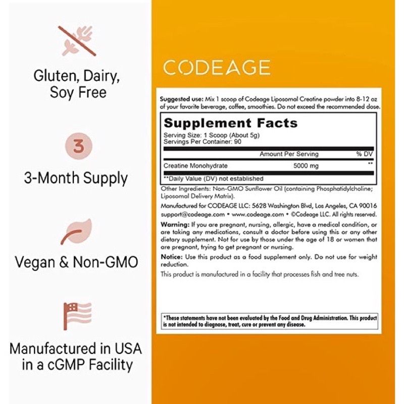 Codeage Liposomal Creatine Monohydrate Powder 90 Lần Dùng
