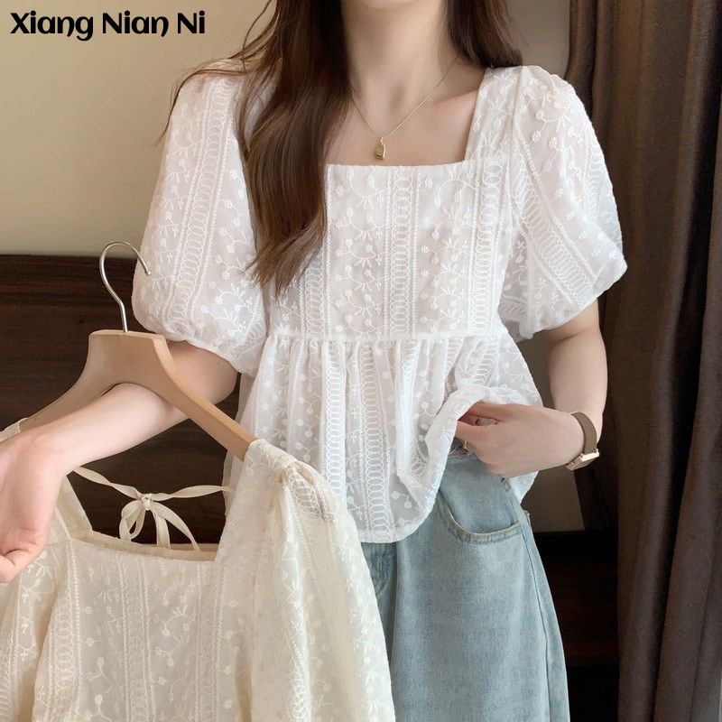 Áo Xiang Nian Ni tay ngắn cổ vuông phối ren thời trang mùa hè