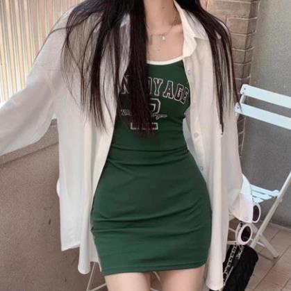 Set váy Body nữ, áo sơ mi dáng dài trùm V3 váy 2 dây body chất thun co dãn 4 chiều