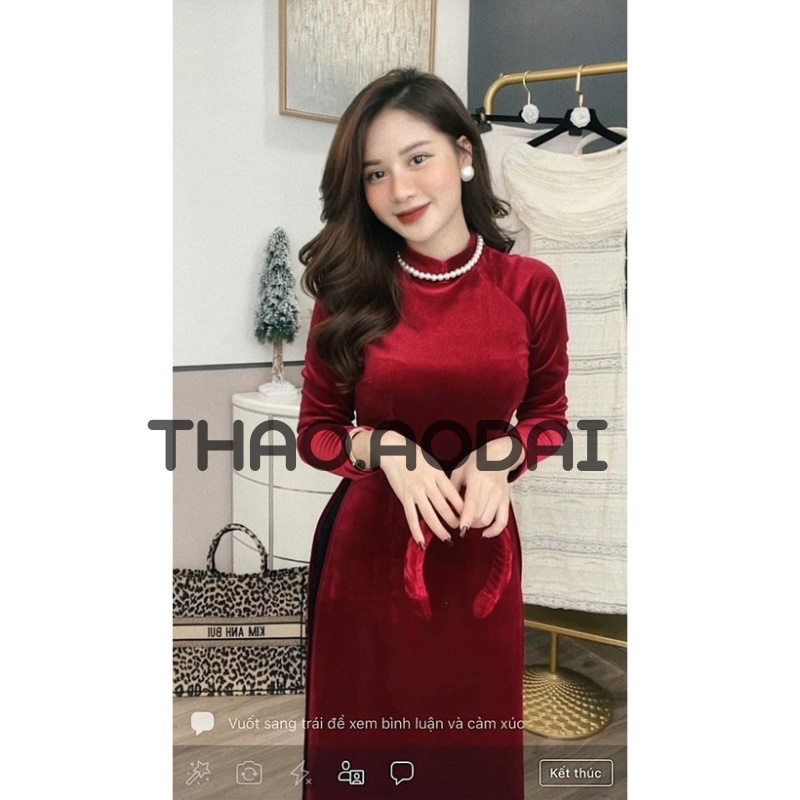 Áo Dài Nhung Đỏ Đô Mặc Tết,Áo Dài Truyền Thống May Sẵn Dự Tiệc Lễ Tết Đẹp Quý Phái