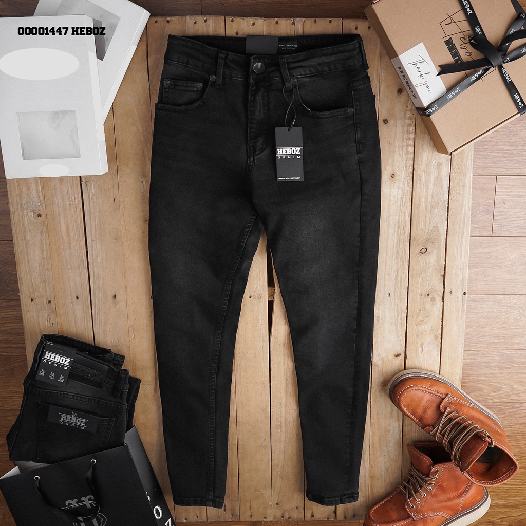 Quần jean xám slim 06 Heboz(đậm), chất denim mềm co giãn tốt chuẩn form slimfit - 00001447