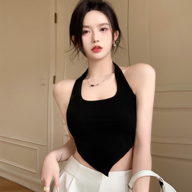 Áo Croptop Yếm Choàng Cổ Vạt Nhọn Nữ RYSO FASHION Kiểu Hở Lưng Chất Thun Gân Cao Cấp  Ôm Body Trắng Đen