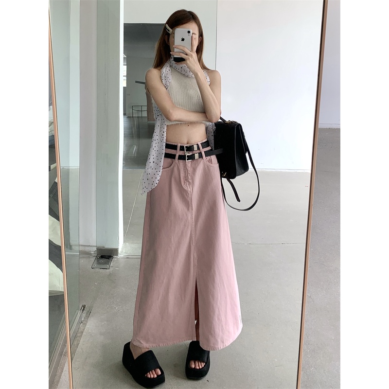 Honypove Chân Váy Denim Dáng Chữ A Ôm Eo Màu Hồng Phong Cách Retro Dành Cho Nữ