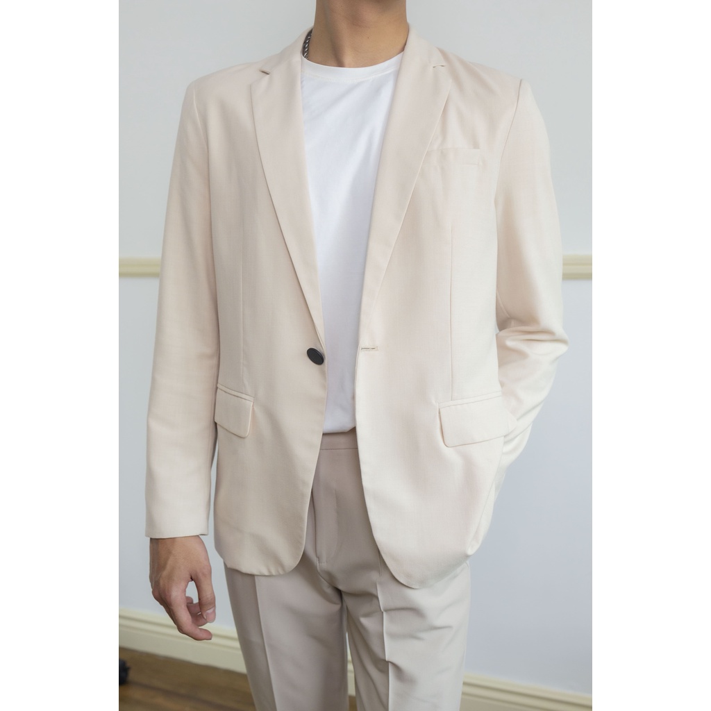 Áo blazer nam vest nam phong cách Hàn Quốc trẻ trung thời trang VÂU màu kem 1 nút 2 lớp đứng form chất linen cotton mềm