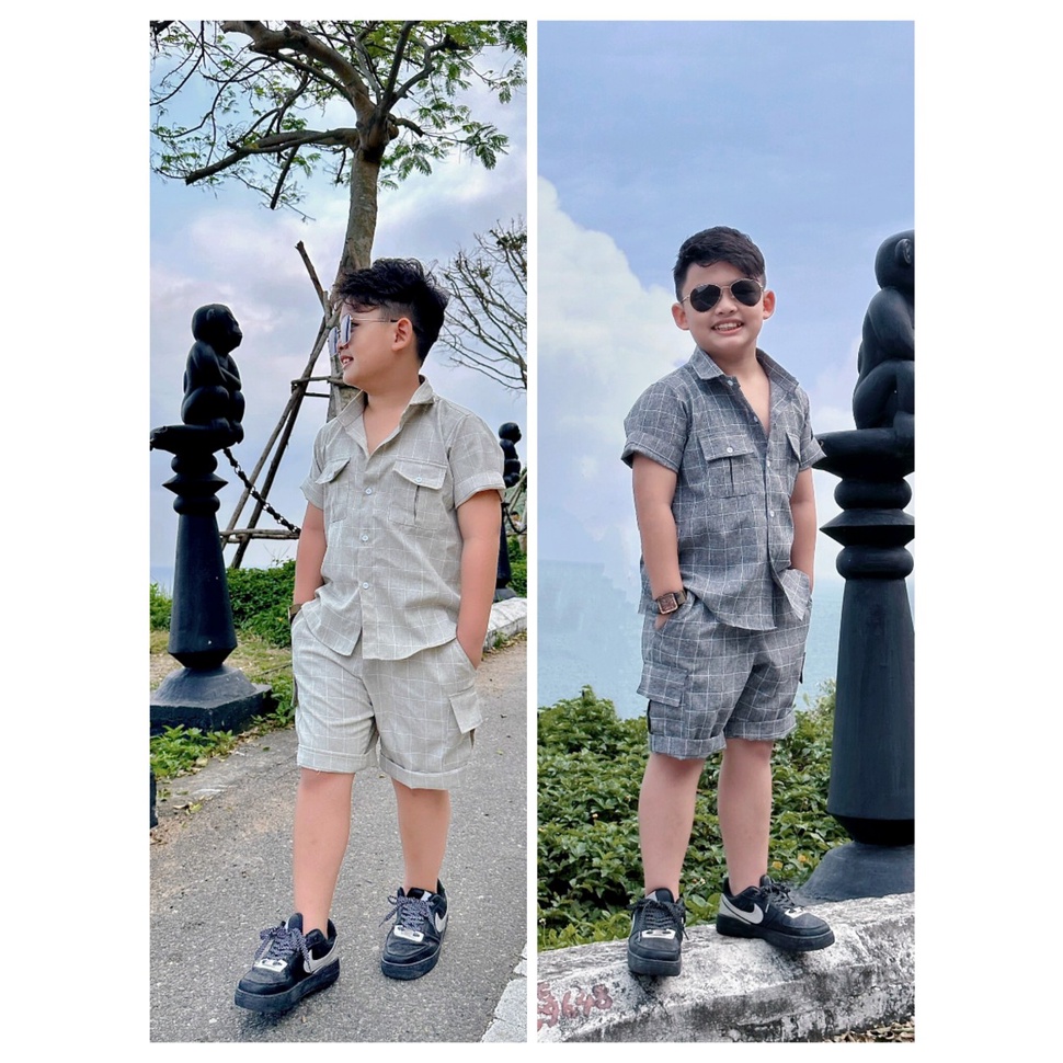 Set bộ đồ kẻ sọc caro quần lửng túi hộp áo sơ mi màu ghi xám sáng năng động đi học đi tiệc đi chơi size đại 12kg 52kg