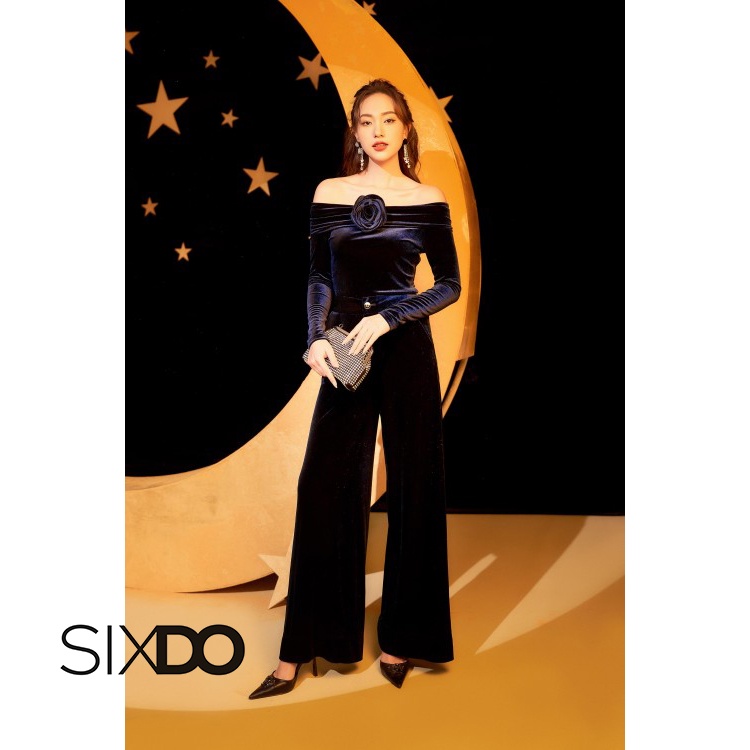 Quần nhung ống rộng thời trang SIXDO (Navy Wide Leg Velvet Pants)